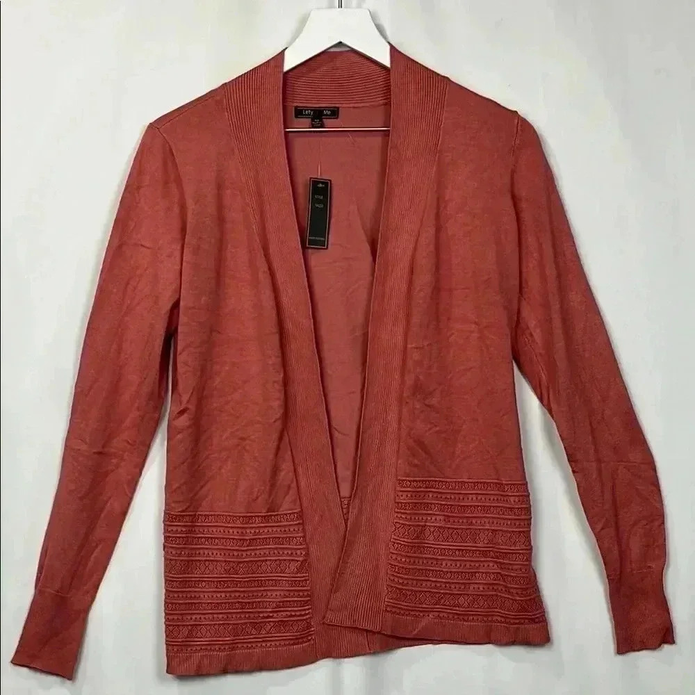 Lety & Me Womens Cardigan Coral XS Open Front Lattice Detailing Soft Tight Knit